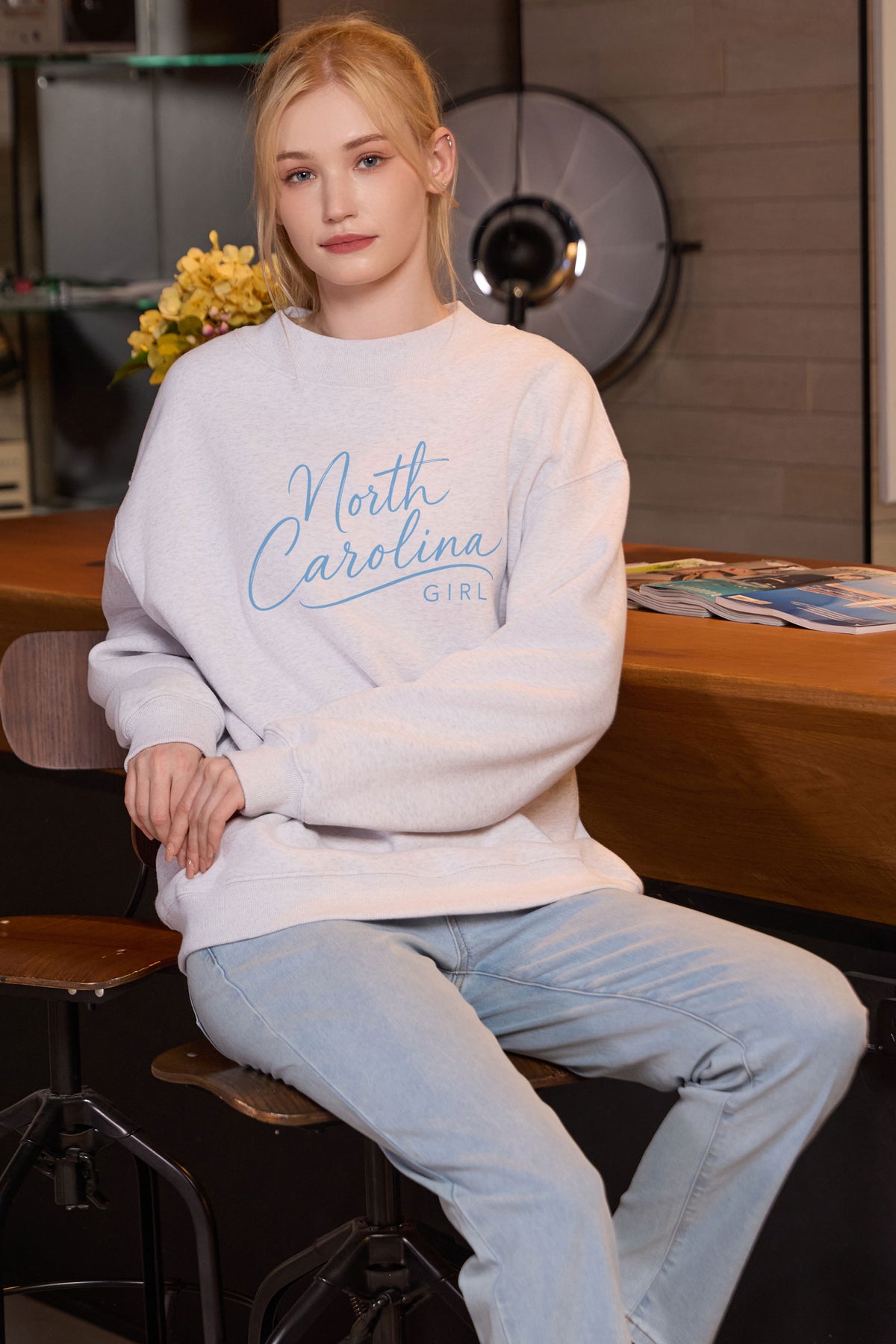 North Carolina Girl Lettering Sweatshirt in heather grey — model view 3.