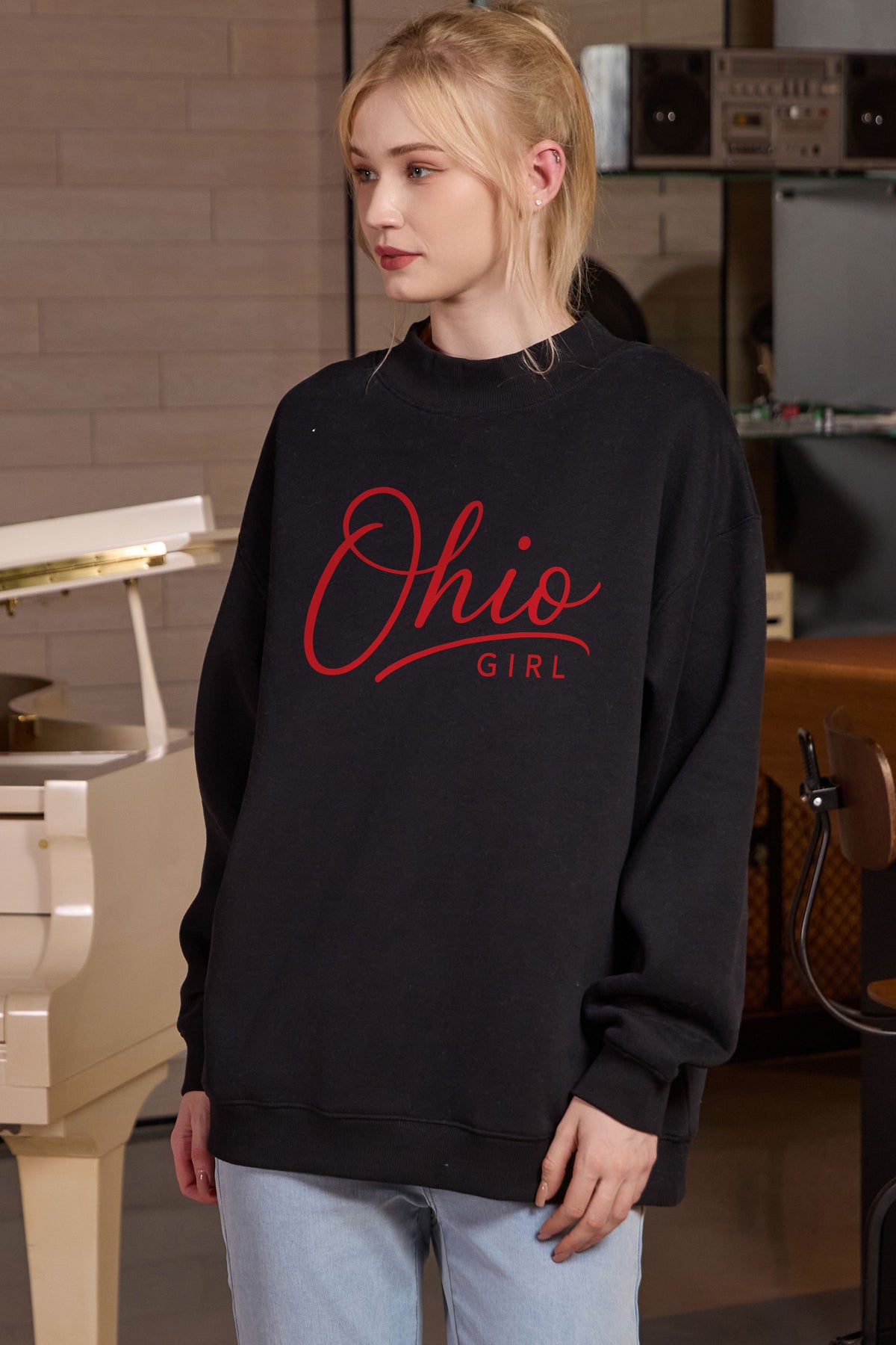 Ohio Girl Lettering Sweatshirt in black — model view 1.