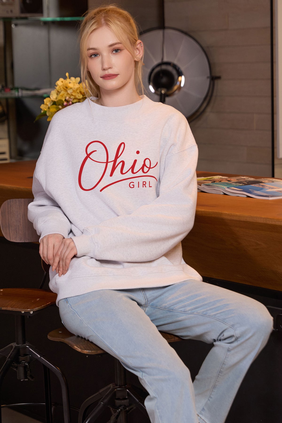 Ohio Girl Lettering Sweatshirt in heather grey — model view 1.