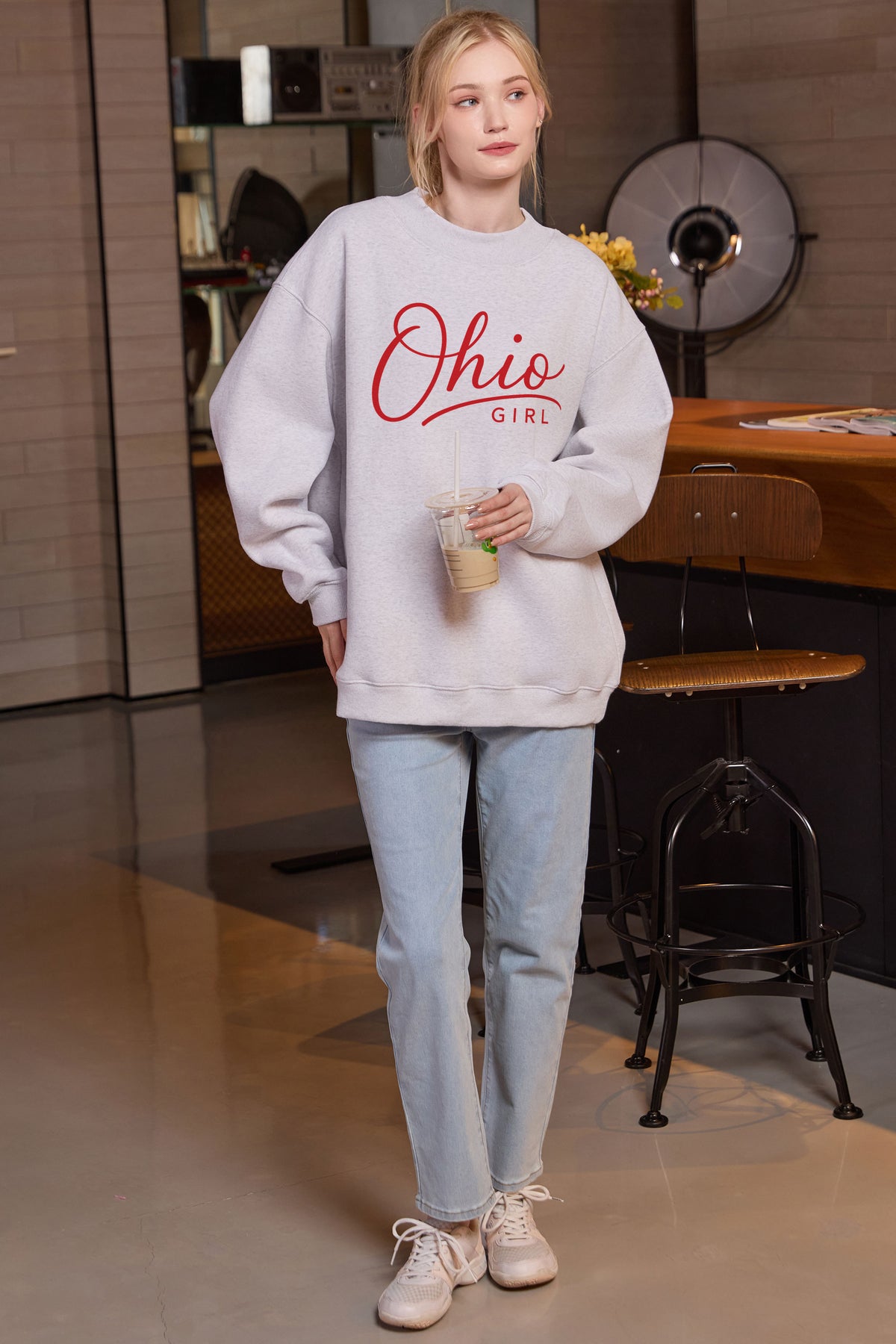 Ohio Girl Lettering Sweatshirt in heather grey — model view 2.