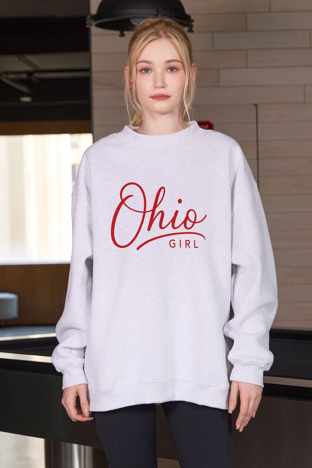 Ohio Girl Lettering Sweatshirt in heather grey — model view 3.
