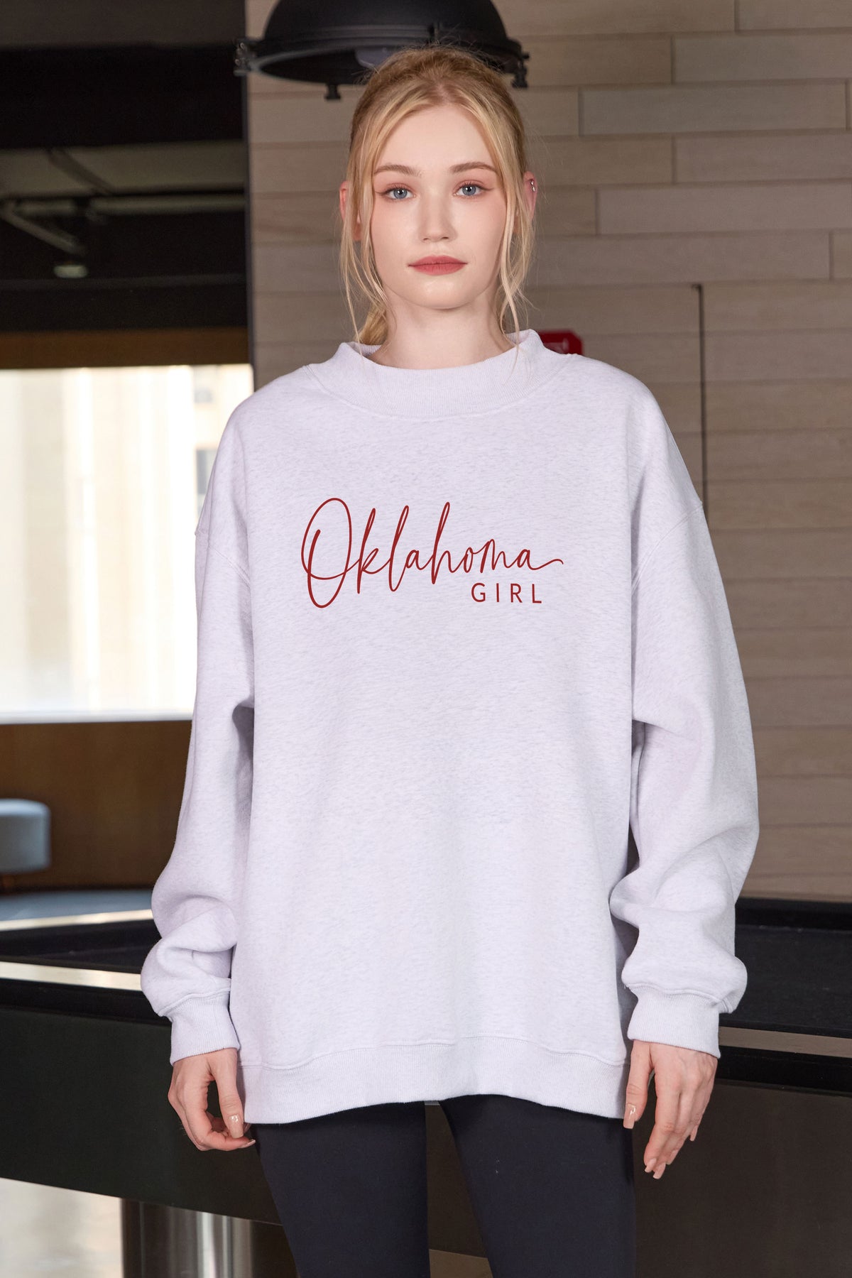 Oklahoma Girl Lettering Sweatshirt in heather grey — model view 1.