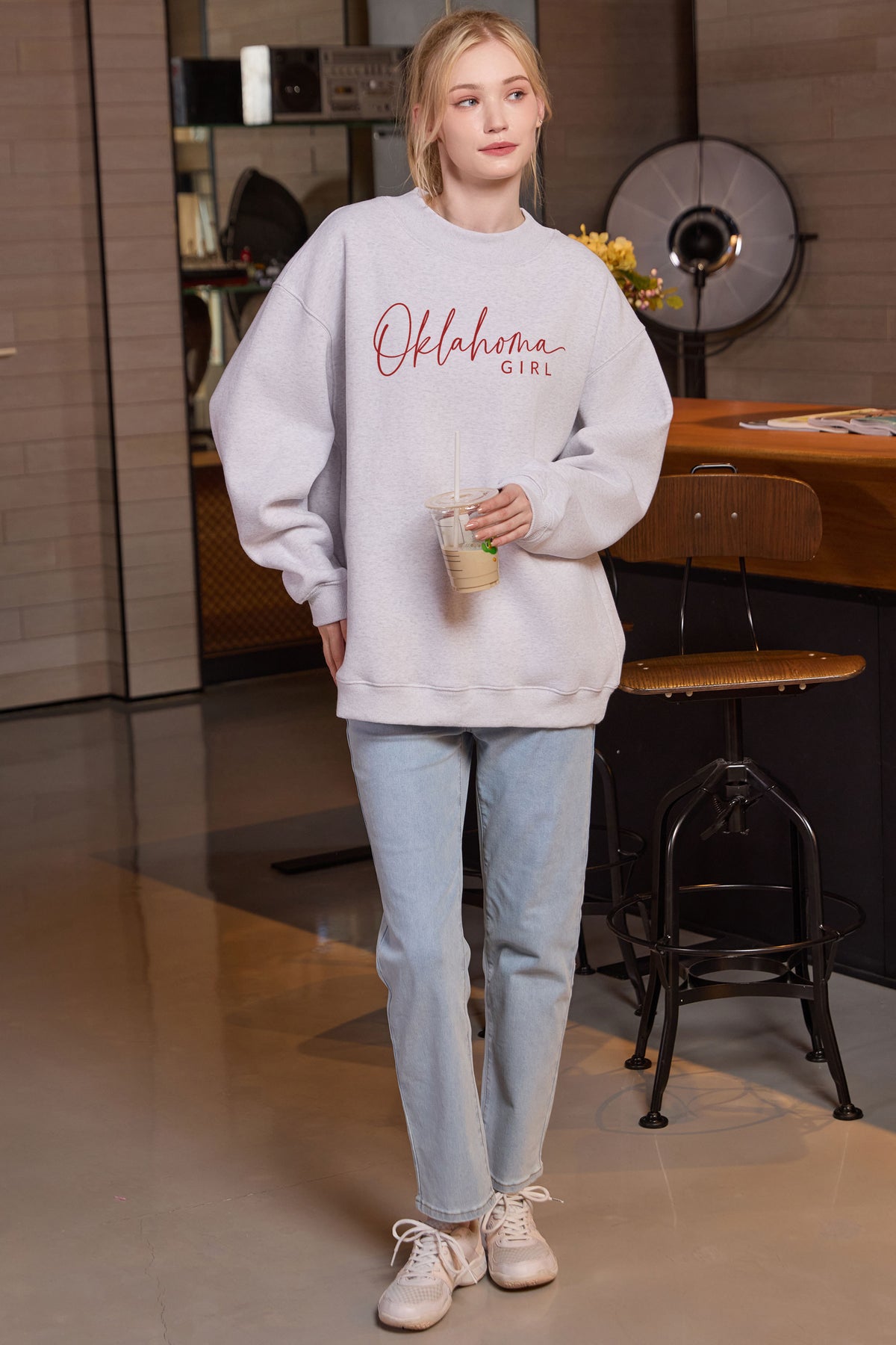 Oklahoma Girl Lettering Sweatshirt in heather grey — model view 2.