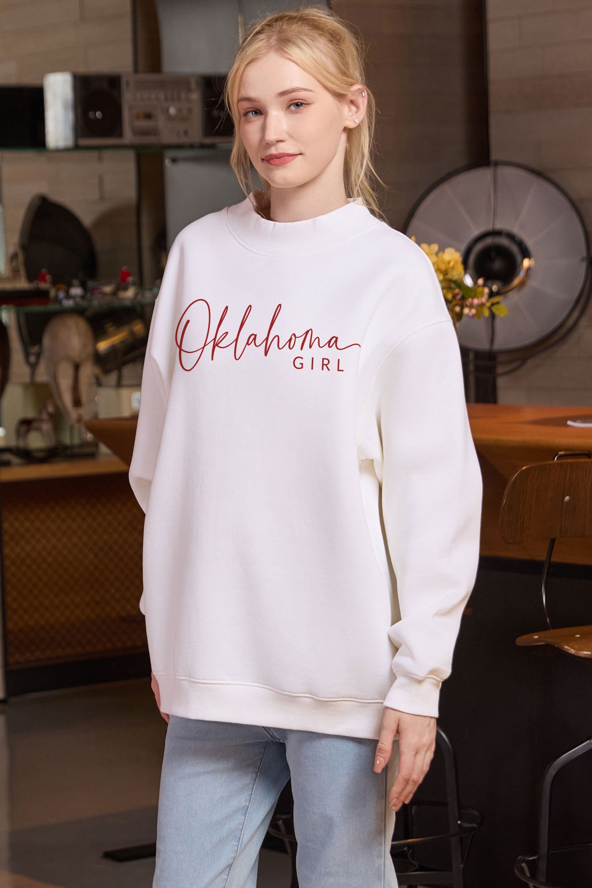 Oklahoma Girl Lettering Sweatshirt in white — model view 2.