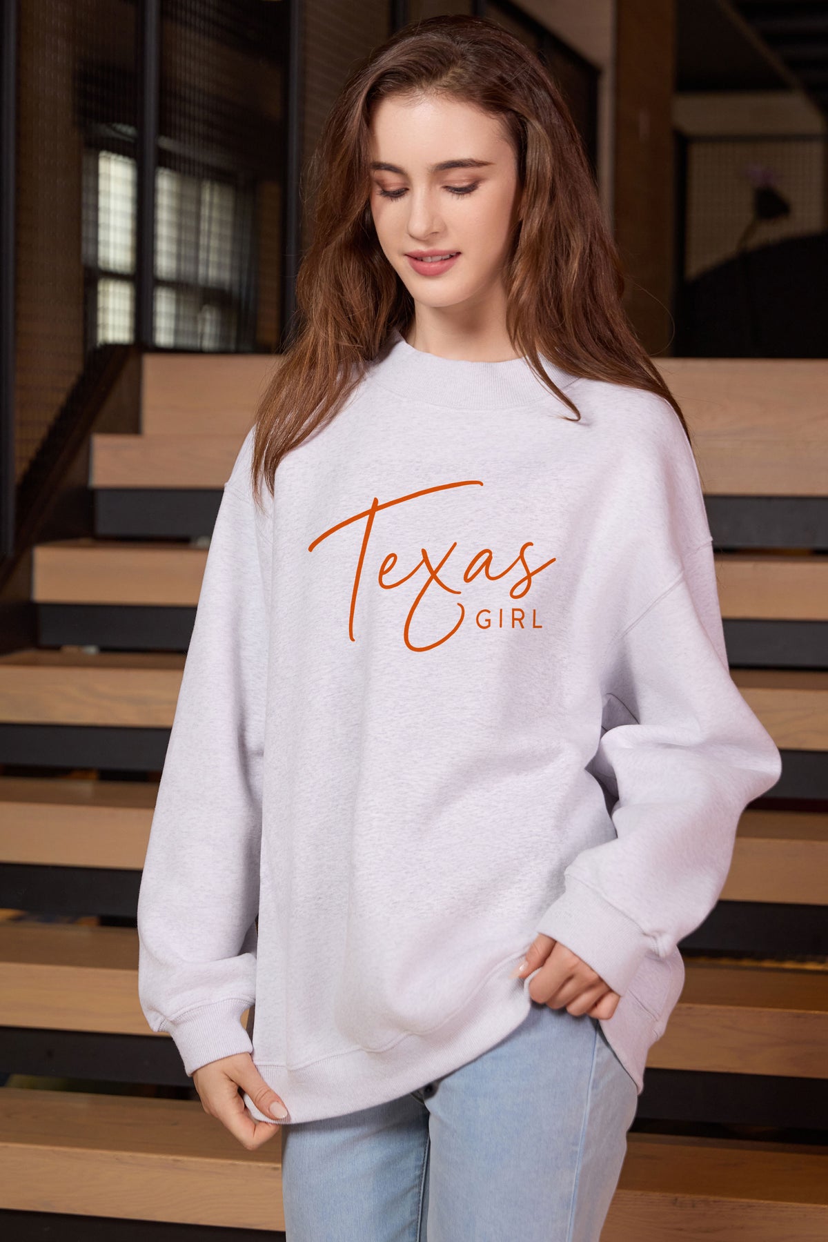 Texas Girl Lettering Sweatshirt in heather grey — model view 1.