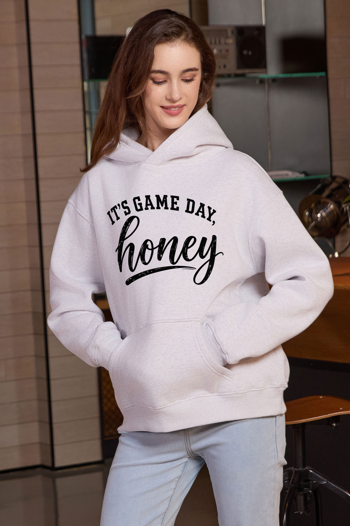 M005-G017 HEATHER-GREY F1 β Its Game Day Honey graphic on M005 heather grey garment