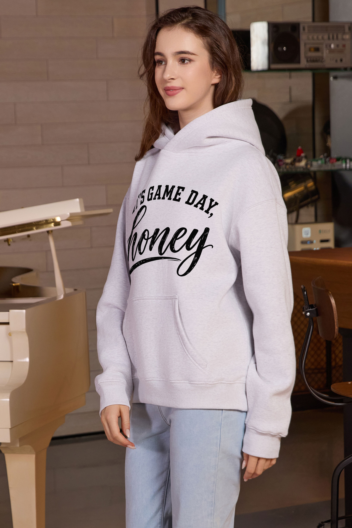 M005-G017 HEATHER-GREY S1 β Its Game Day Honey graphic on M005 heather grey garment
