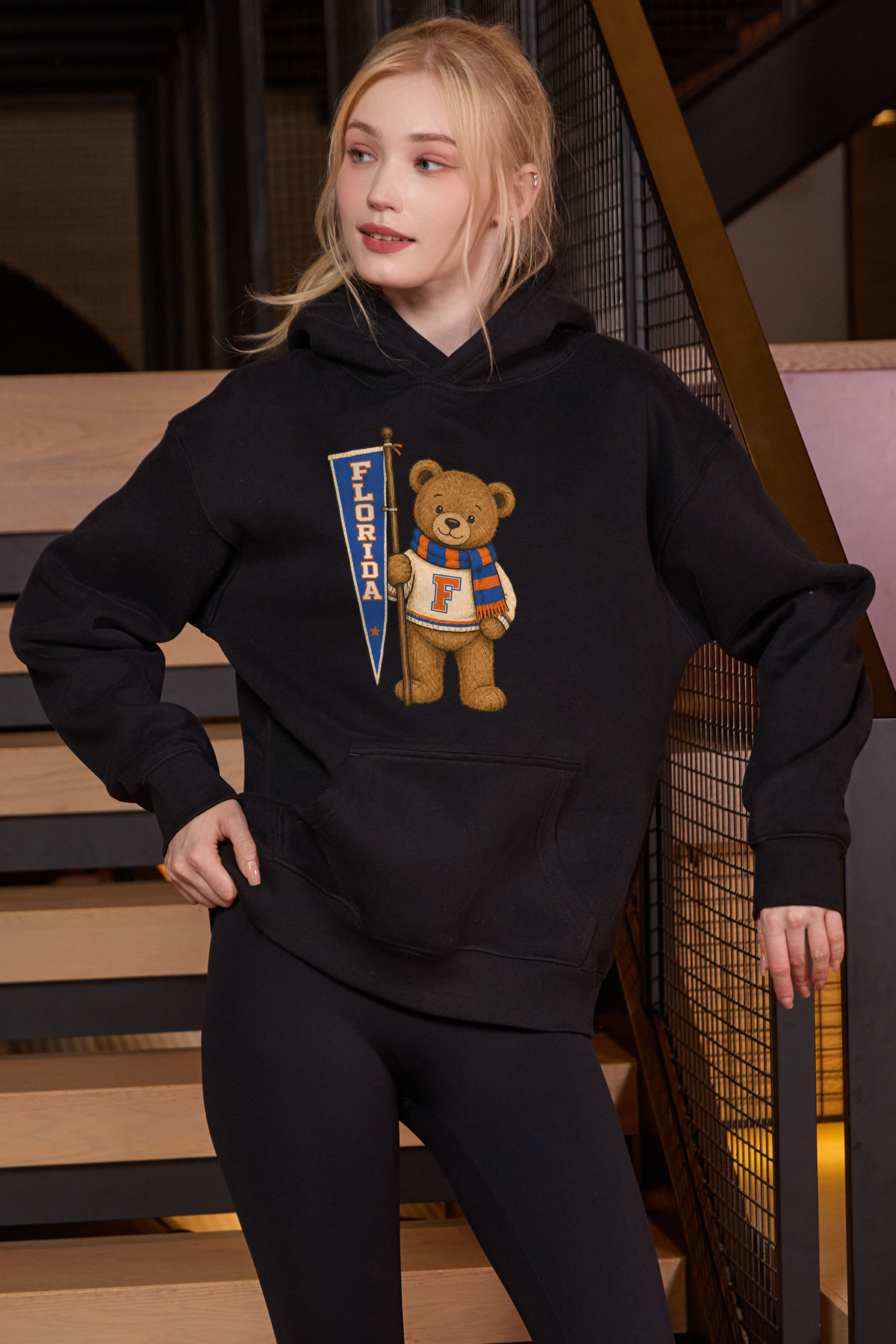 Florida Teddy Banner Hoodie in black — model view 1.