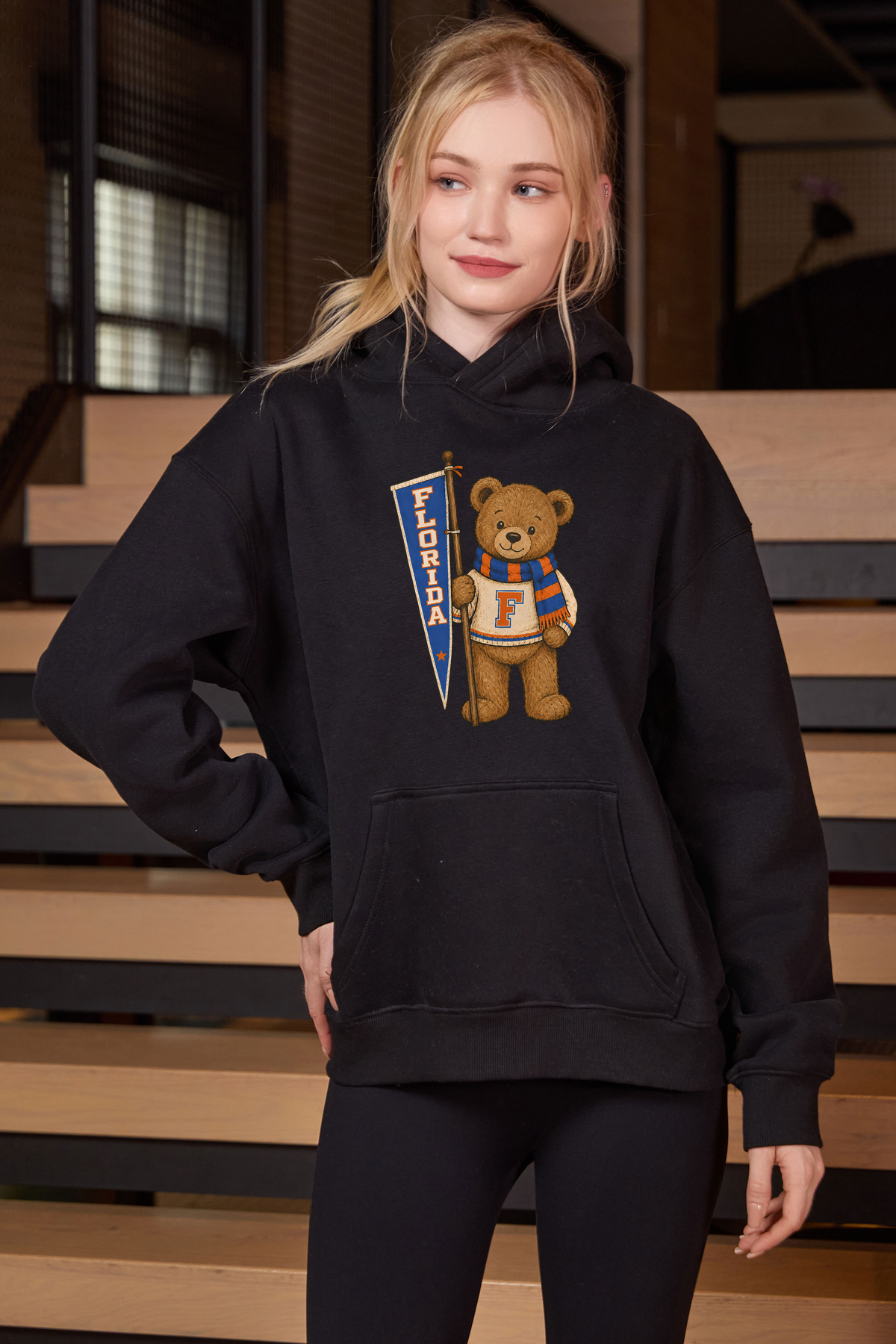 Florida Teddy Banner Hoodie in black — model view 2.