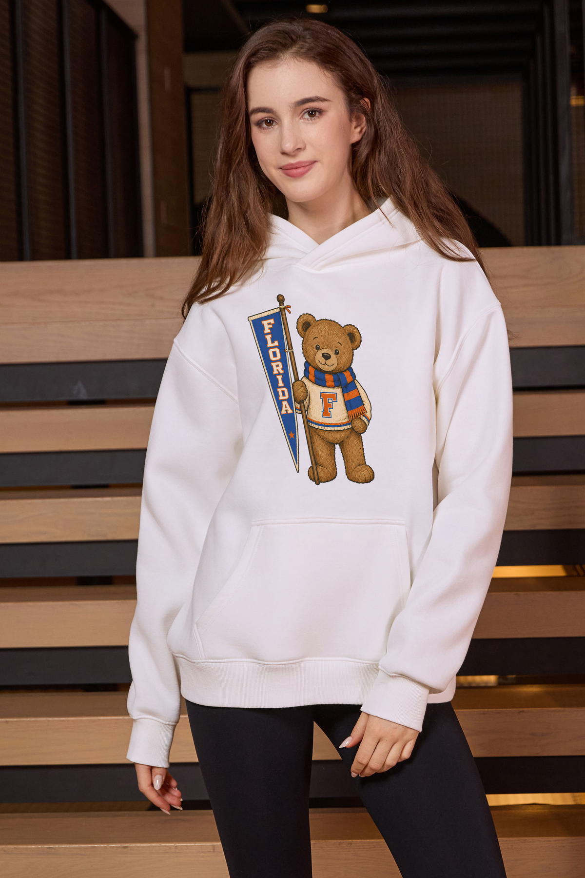 Florida Teddy Banner Hoodie in white — model view 1.