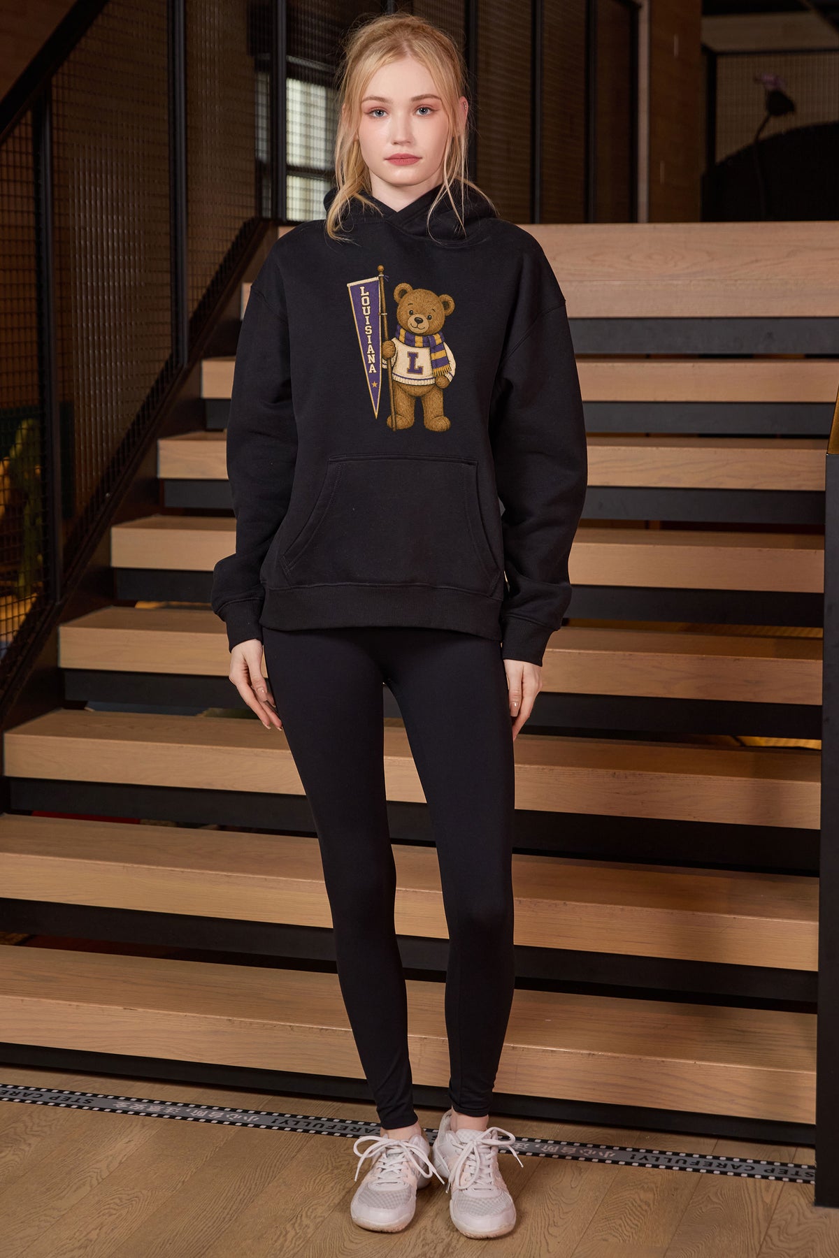 Louisiana Teddy Banner Hoodie in black — model view 1.