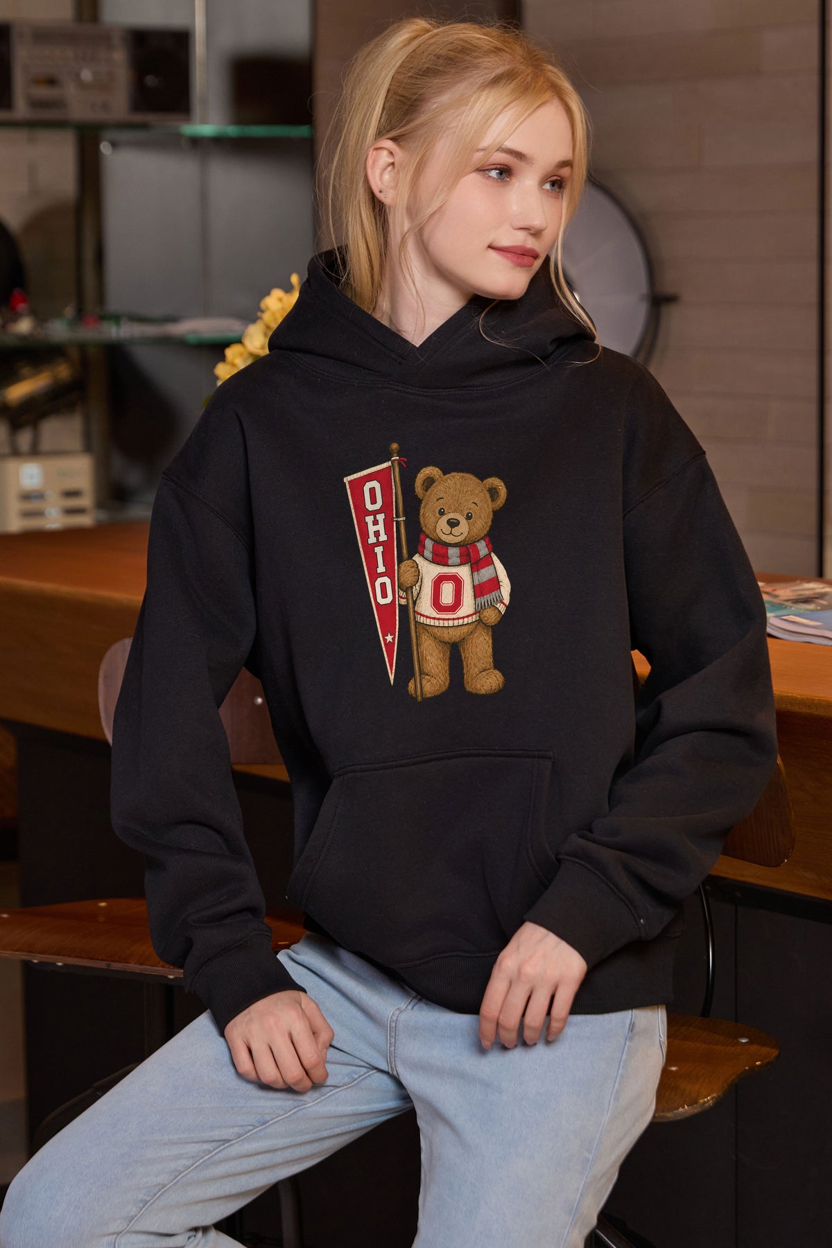 Ohio Teddy Banner Hoodie in black — model view 1.