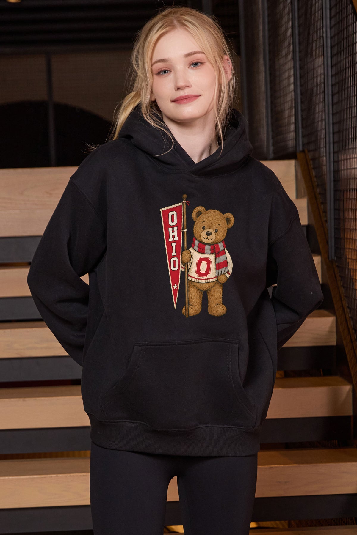 Ohio Teddy Banner Hoodie in black — model view 3.