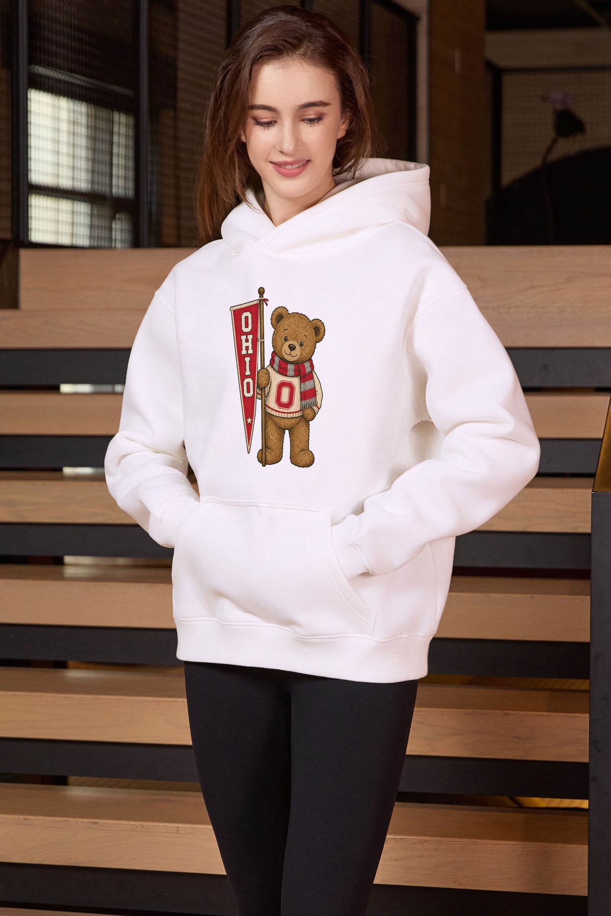 Ohio Teddy Banner Hoodie in white — model view 1.
