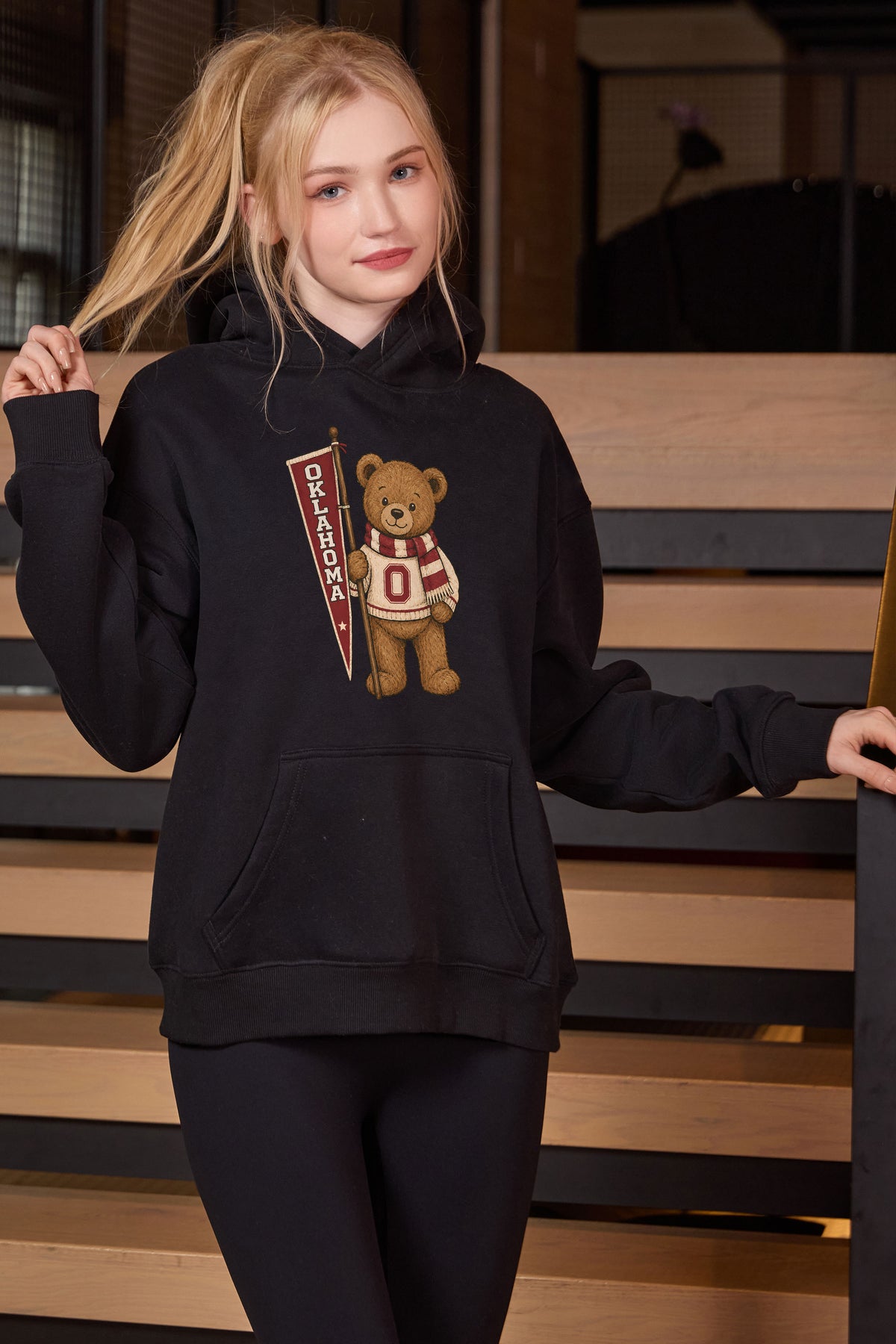 Oklahoma Teddy Banner Hoodie in black — model view 1.