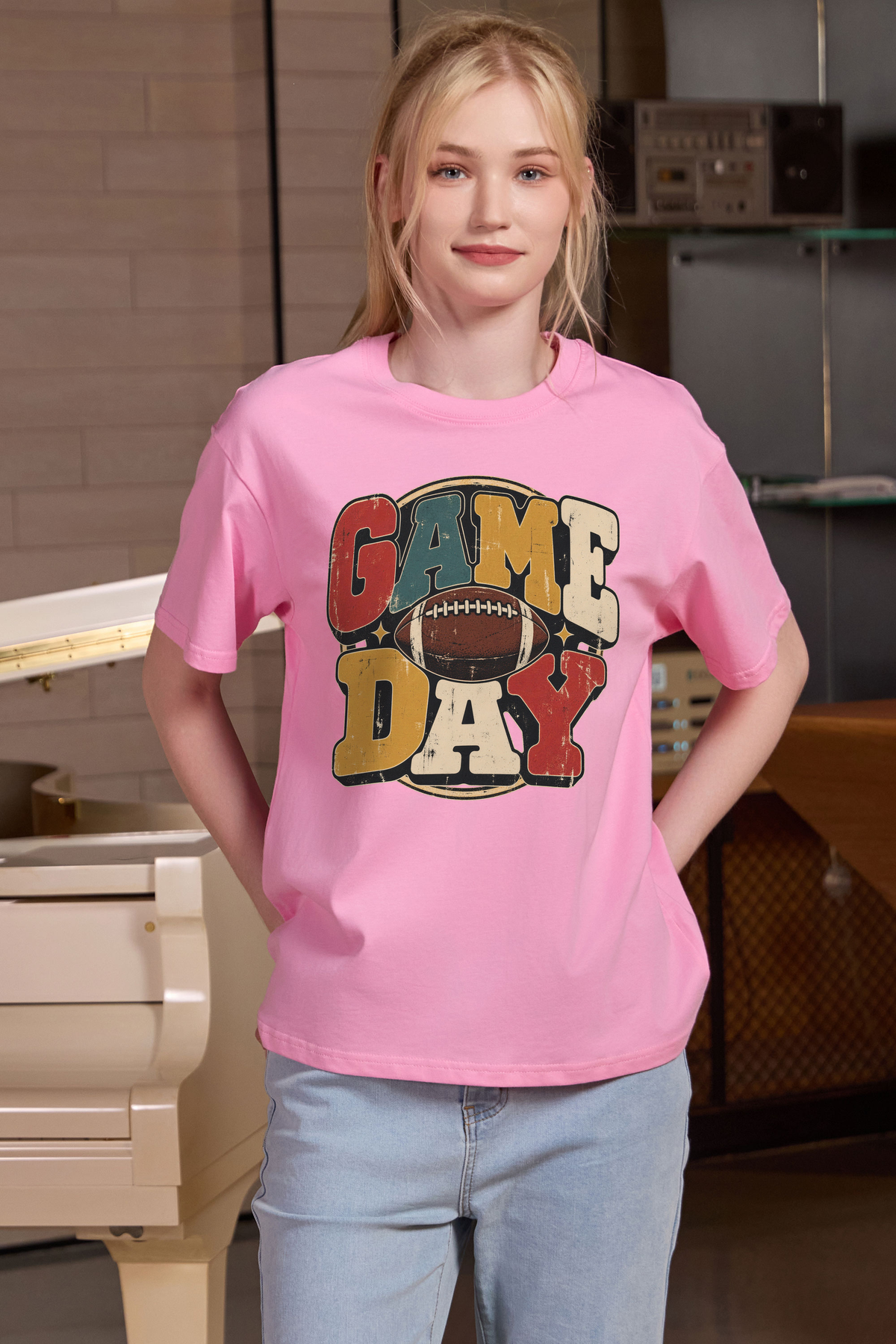 Retro Game Day Relaxed Tee in light pink with multicolour GAME DAY lettering and a football graphic.