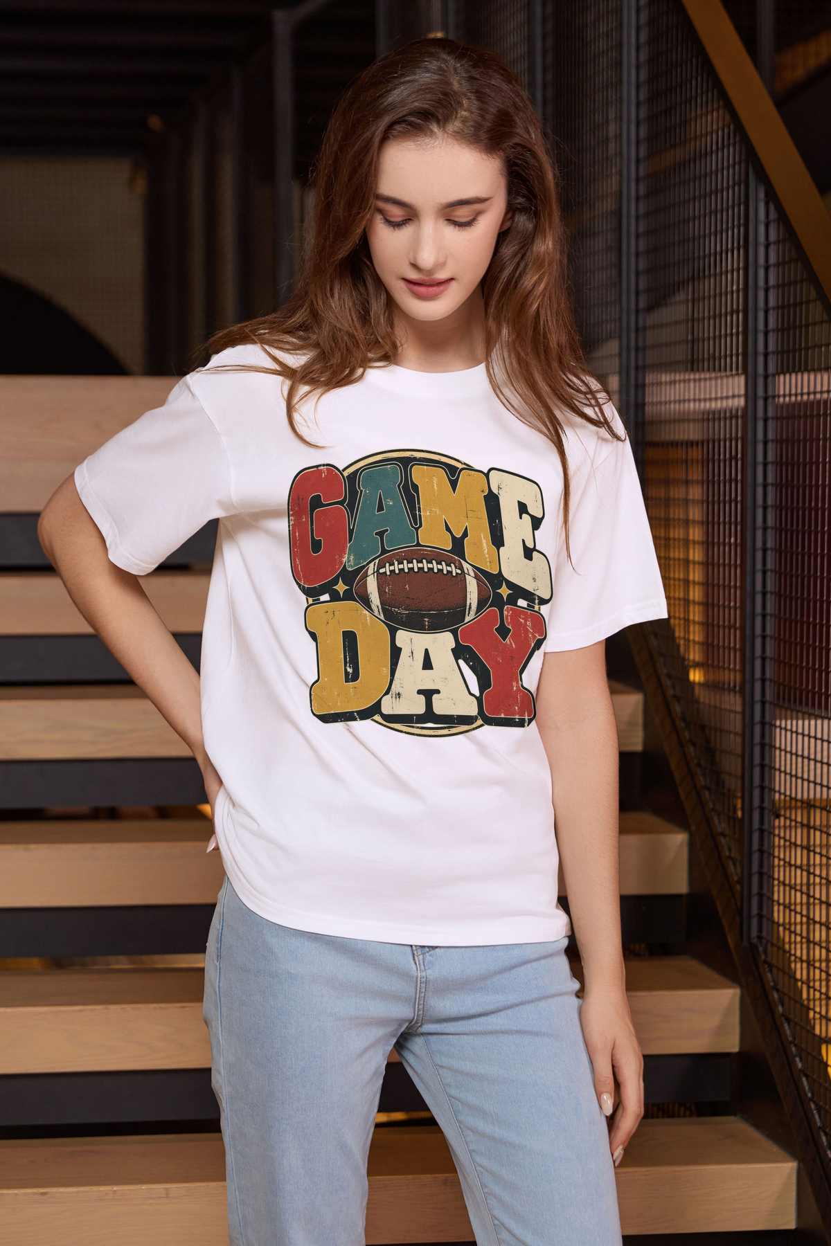 Retro Game Day Relaxed Tee in white with multicolour GAME DAY lettering and a football graphic.