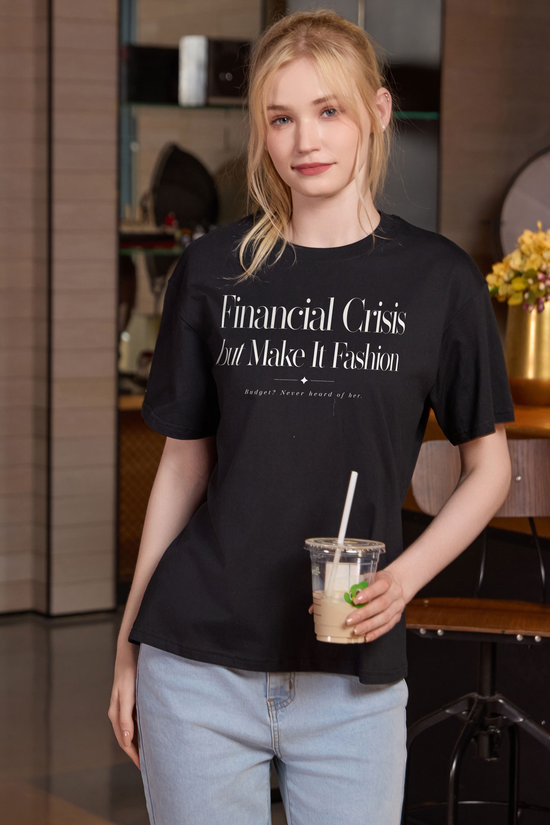 M001-F018 BLACK F1 — Financial Crisis 2 graphic on M001 black garment
