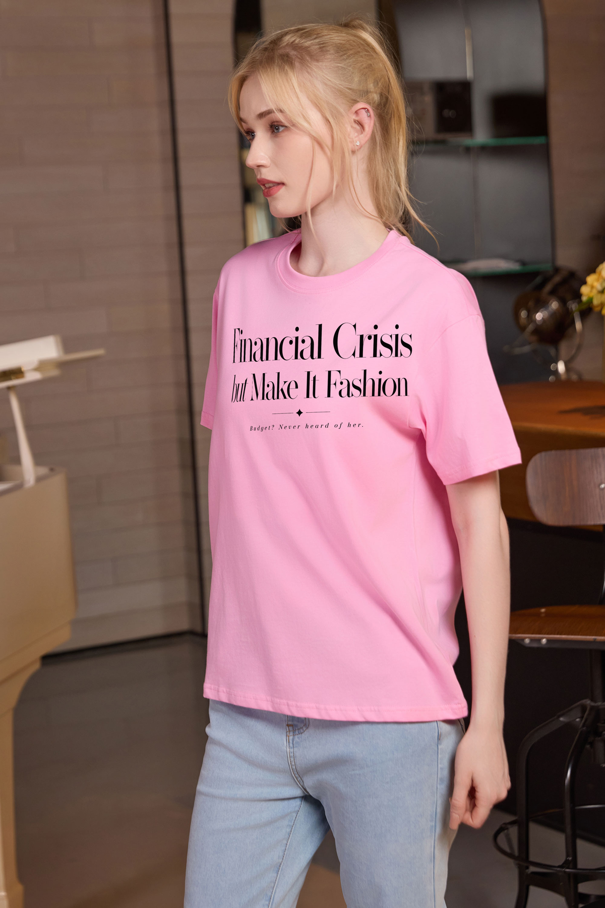 M001-F018 LIGHT-PINK F2 — Financial Crisis 2 graphic on M001 light pink garment