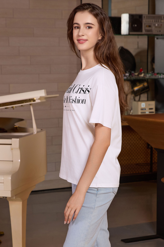 M001-F018 WHITE S1 — Financial Crisis 2 graphic on M001 white garment