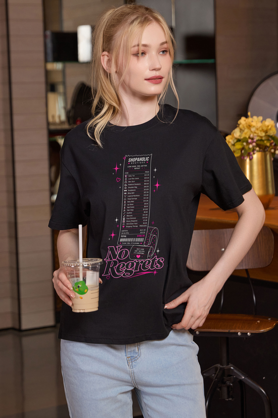 M001-F019 BLACK F3 — No regrets graphic on M001 black garment