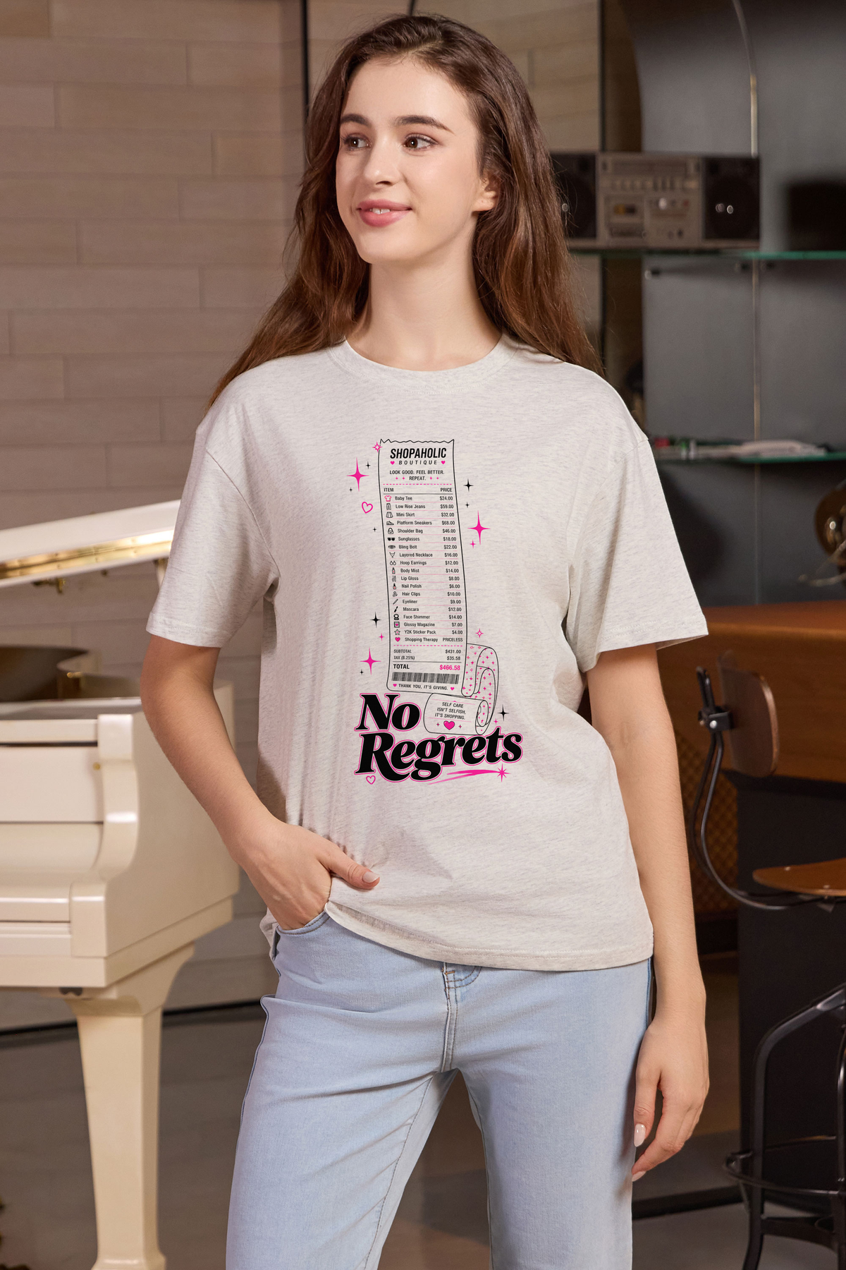 M001-F019 HEATHER-GREY F1 — No regrets graphic on M001 heather grey garment