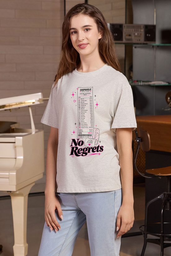 M001-F019 HEATHER-GREY F2 — No regrets graphic on M001 heather grey garment