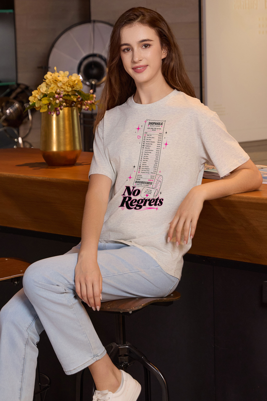 M001-F019 HEATHER-GREY F3 — No regrets graphic on M001 heather grey garment