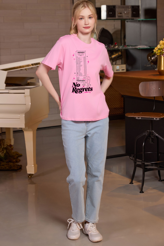 M001-F019 LIGHT-PINK A1 — No regrets graphic on M001 light pink garment