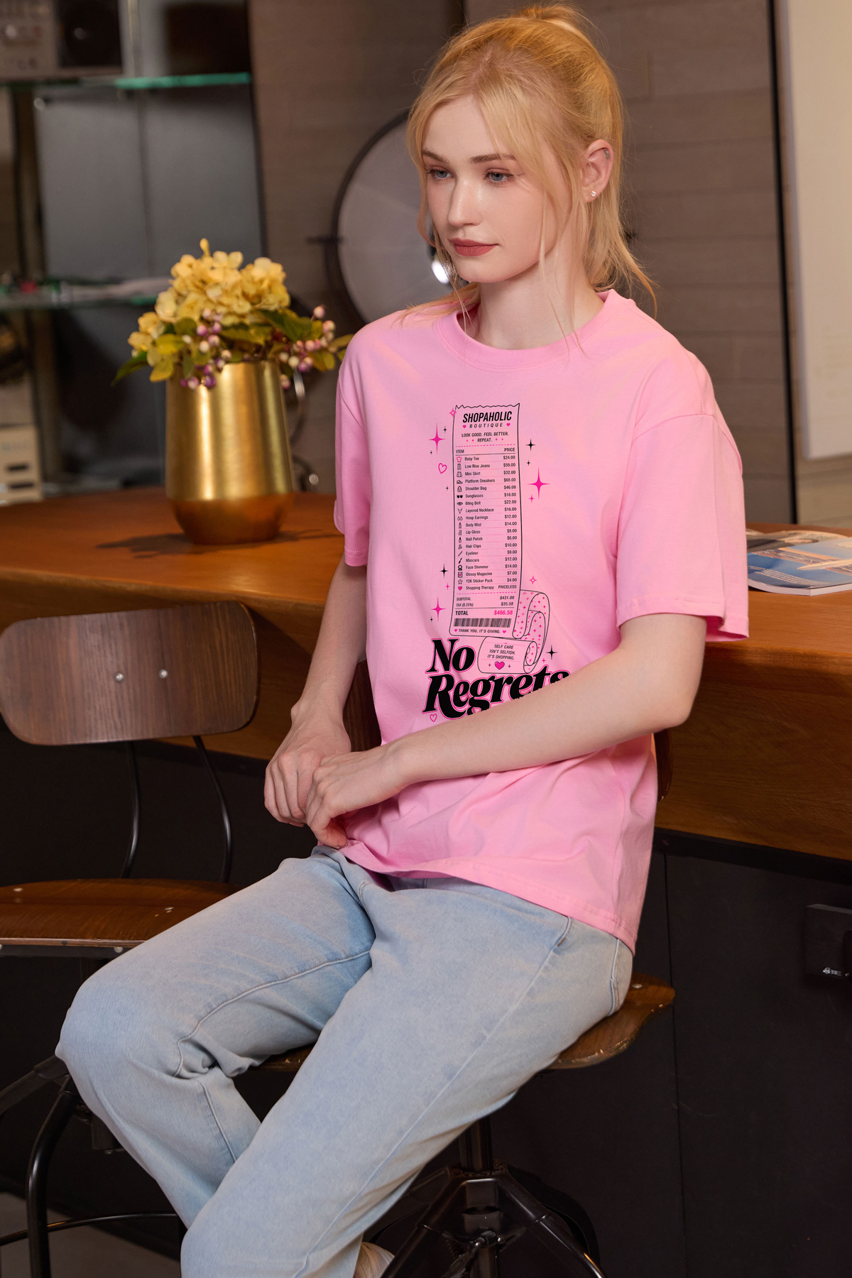 M001-F019 LIGHT-PINK F3 — No regrets graphic on M001 light pink garment