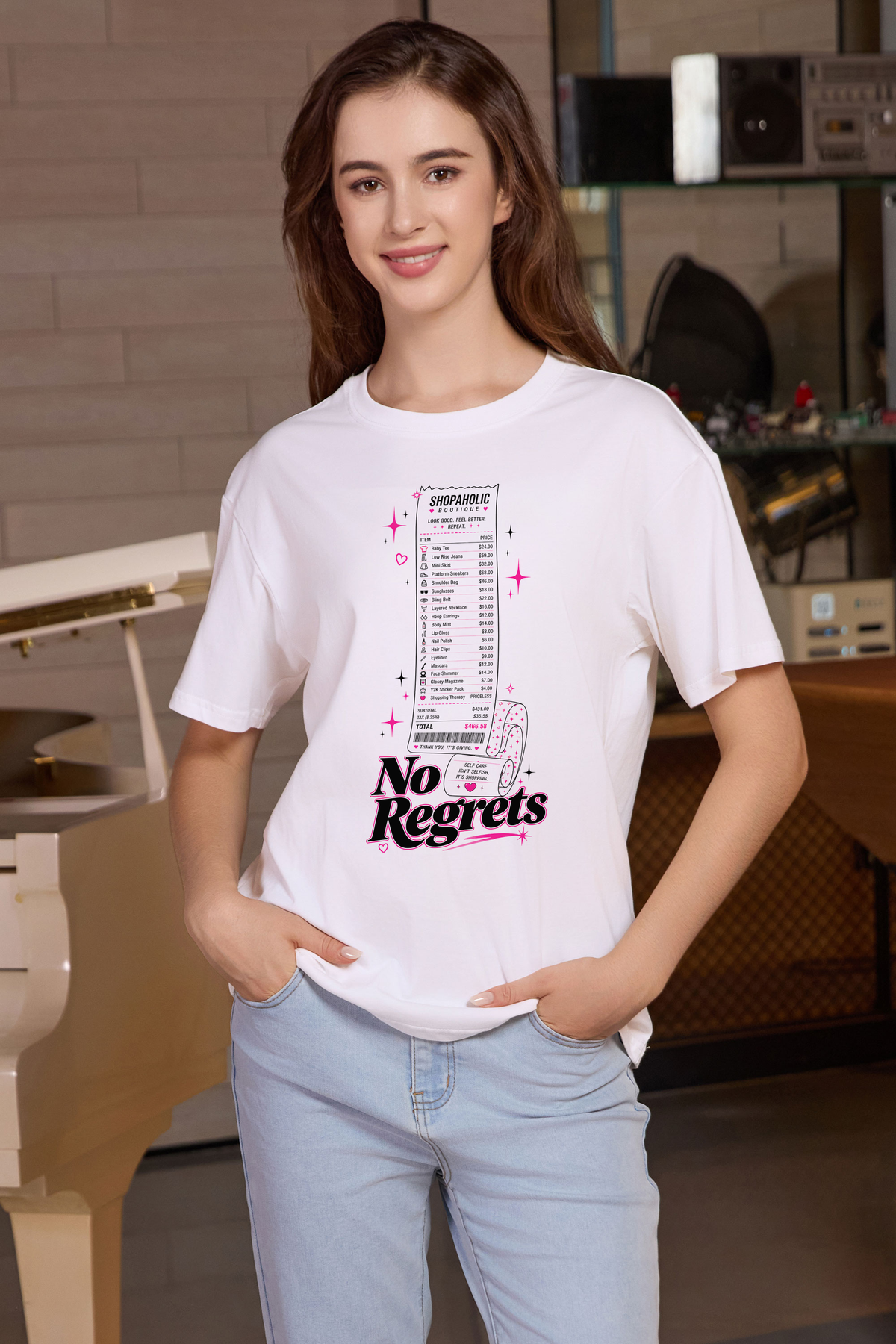 M001-F019 WHITE F1 — No regrets graphic on M001 white garment