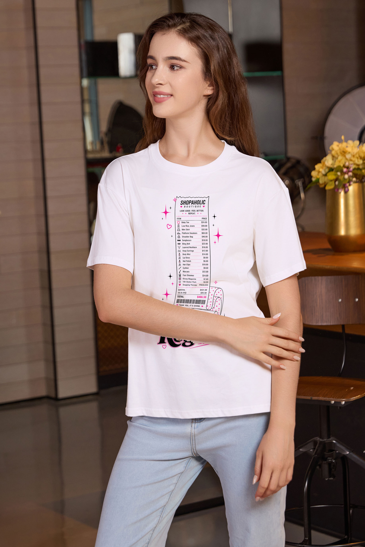 M001-F019 WHITE F2 — No regrets graphic on M001 white garment