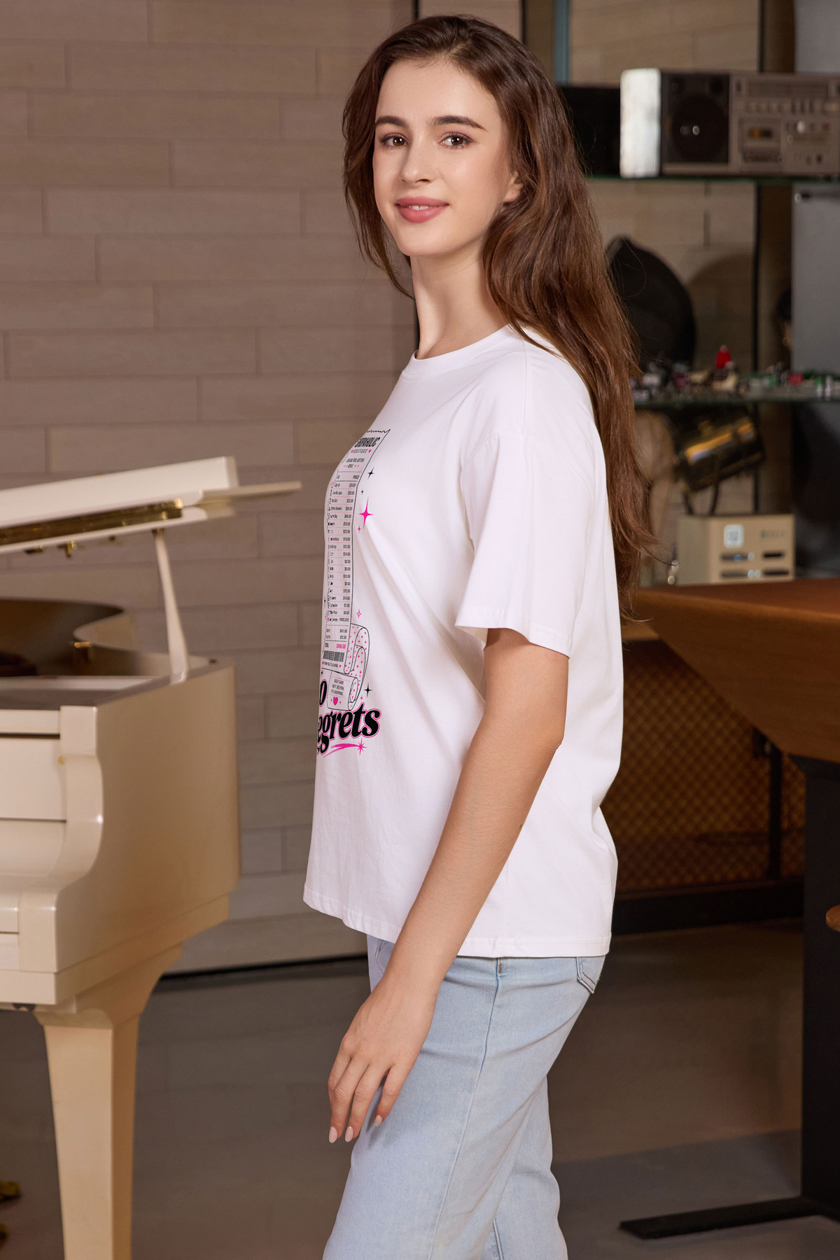 M001-F019 WHITE S1 — No regrets graphic on M001 white garment