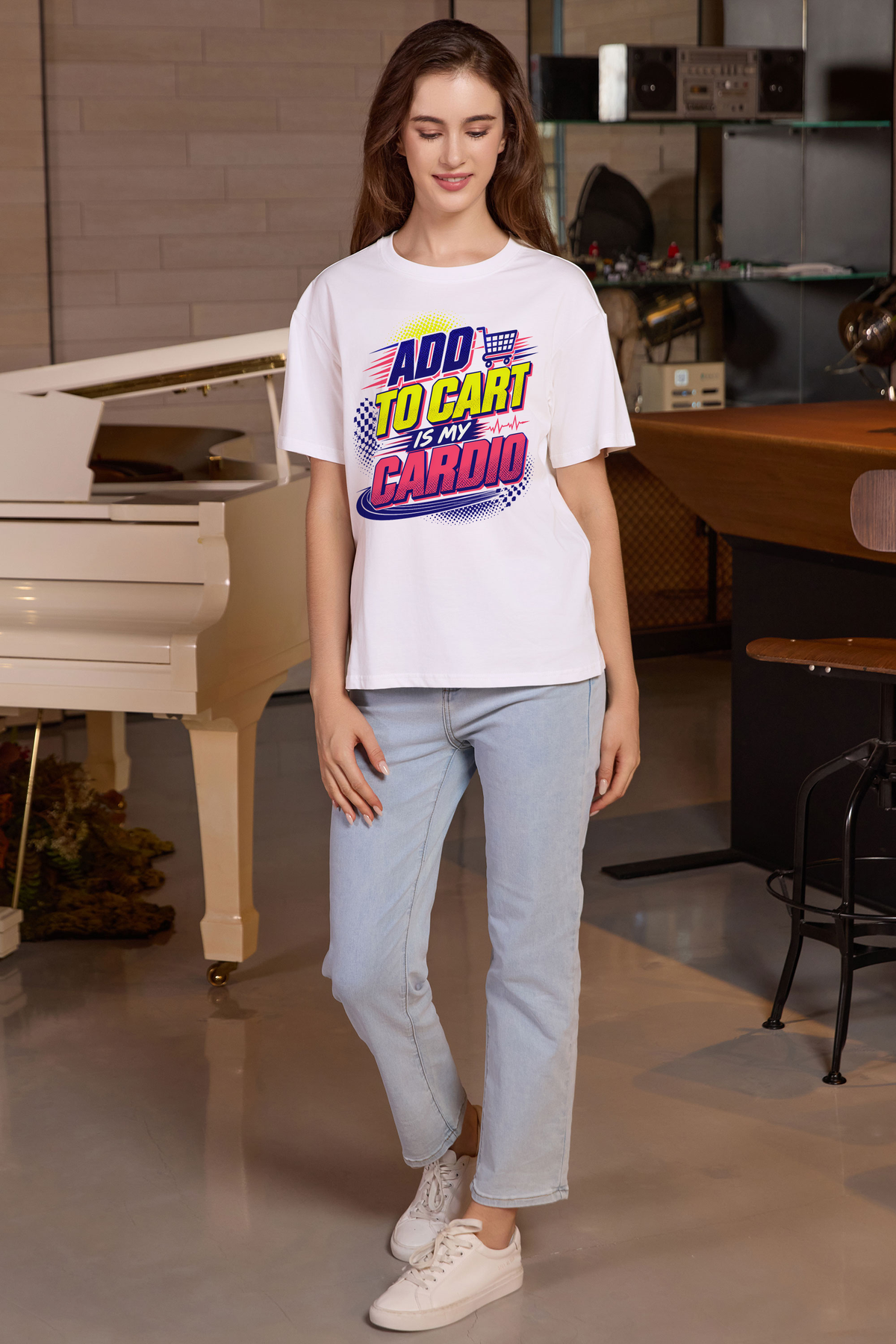 M001-F020 WHITE A1 — Add to cart graphic on M001 white garment
