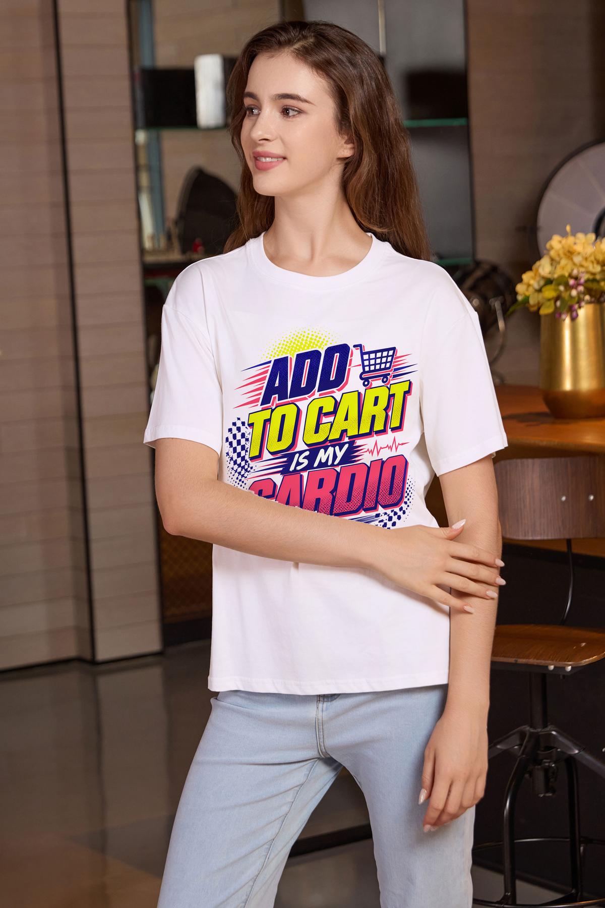 M001-F020 WHITE F2 — Add to cart graphic on M001 white garment