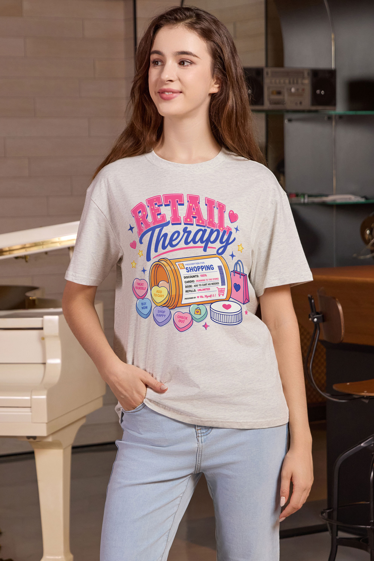 M001-F021 HEATHER-GREY F1 — Retail Therapy graphic on M001 heather grey garment