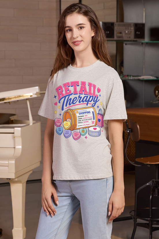 M001-F021 HEATHER-GREY F2 — Retail Therapy graphic on M001 heather grey garment