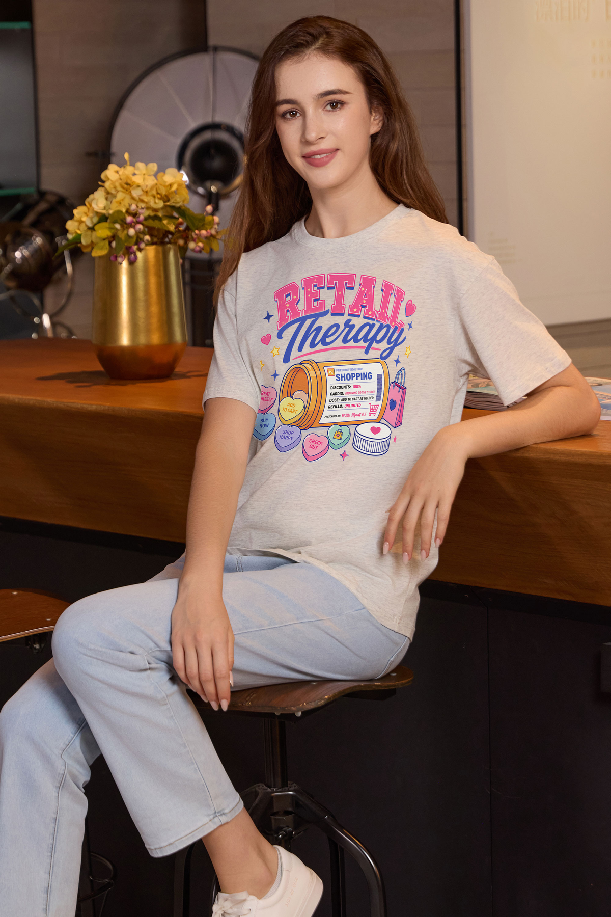 M001-F021 HEATHER-GREY F3 — Retail Therapy graphic on M001 heather grey garment