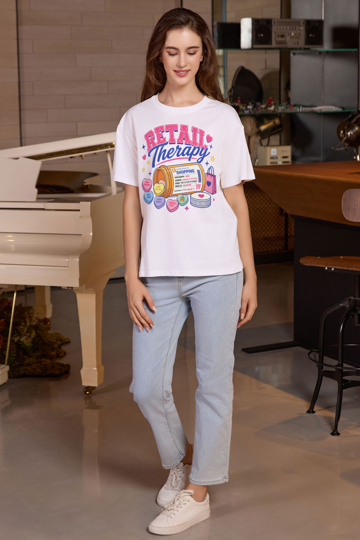 M001-F021 WHITE A1 — Retail Therapy graphic on M001 white garment