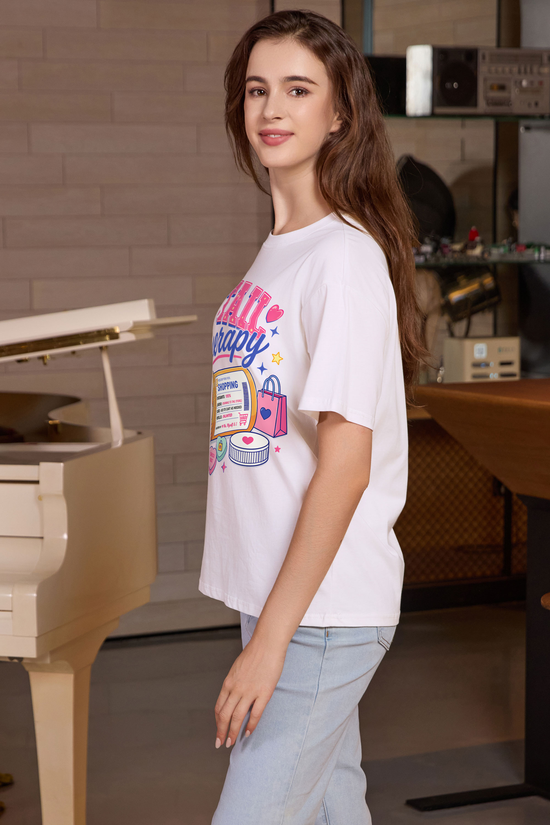 M001-F021 WHITE S1 — Retail Therapy graphic on M001 white garment