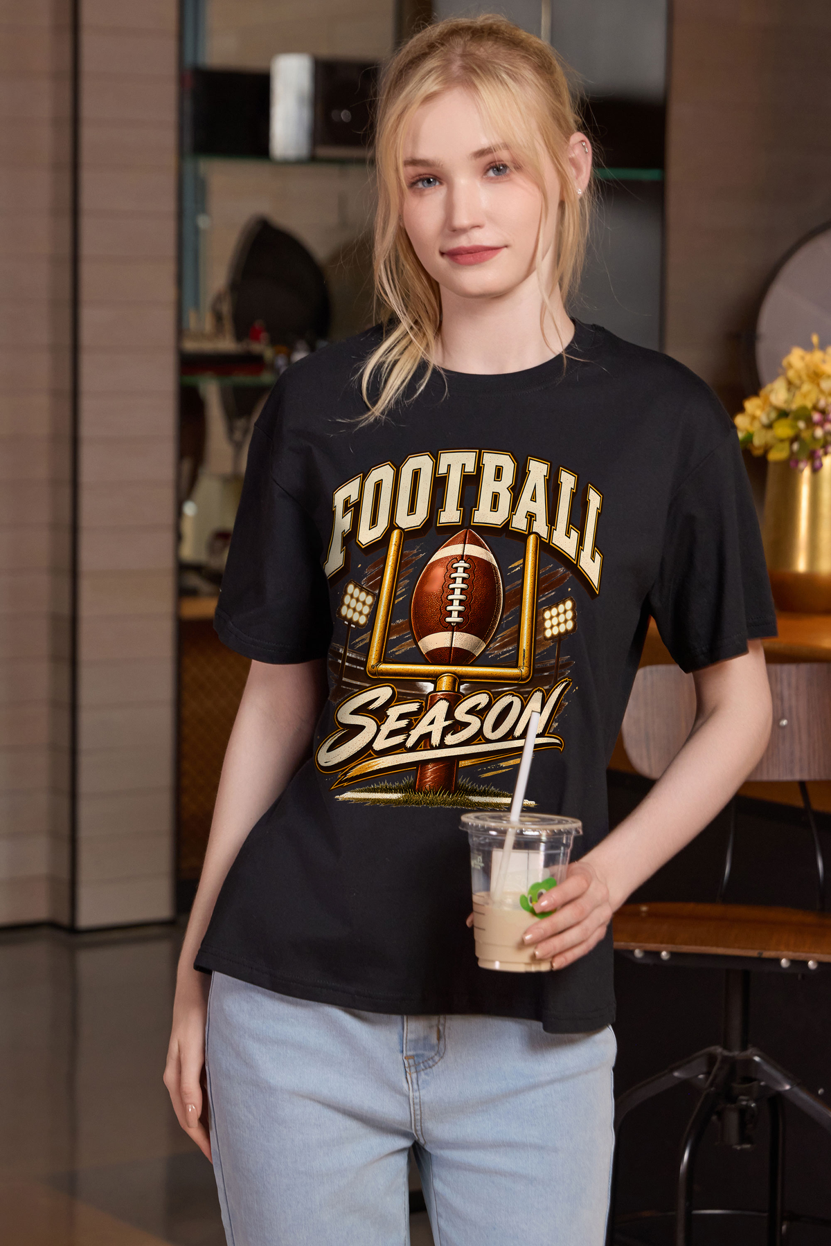 M001-G013 BLACK F1 — Football Goalpost graphic on M001 black garment