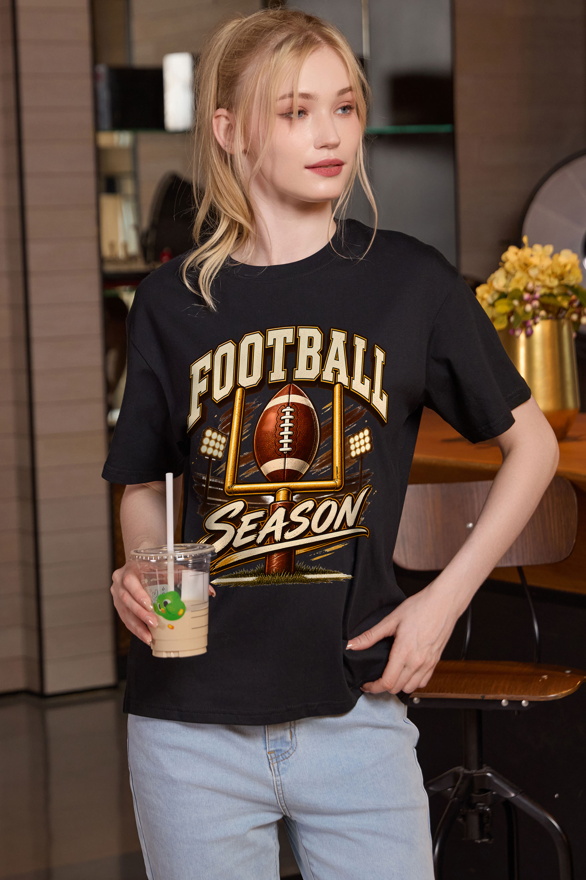 M001-G013 BLACK F3 — Football Goalpost graphic on M001 black garment