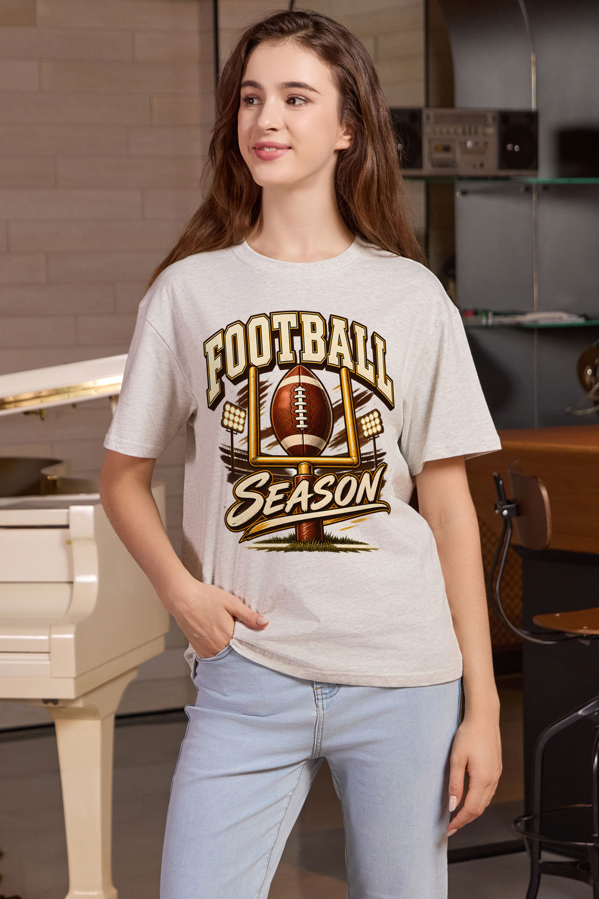 M001-G013 HEATHER-GREY F1 — Football Goalpost graphic on M001 heather grey garment