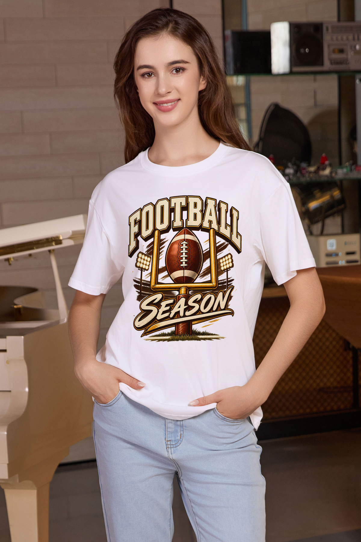 M001-G013 WHITE F1 — Football Goalpost graphic on M001 white garment