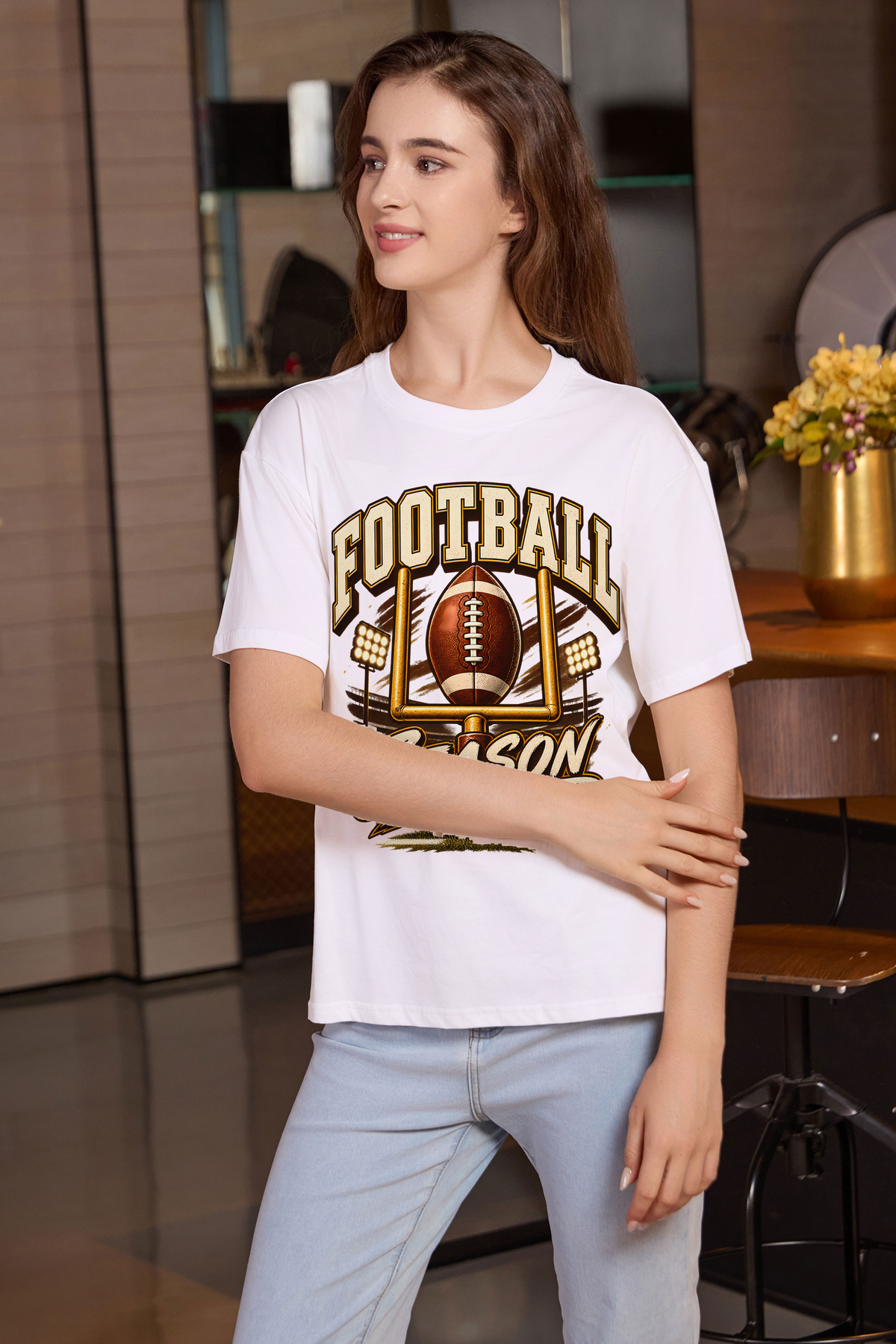 M001-G013 WHITE F2 — Football Goalpost graphic on M001 white garment