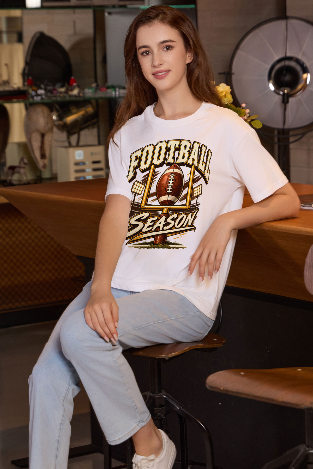 M001-G013 WHITE F3 — Football Goalpost graphic on M001 white garment