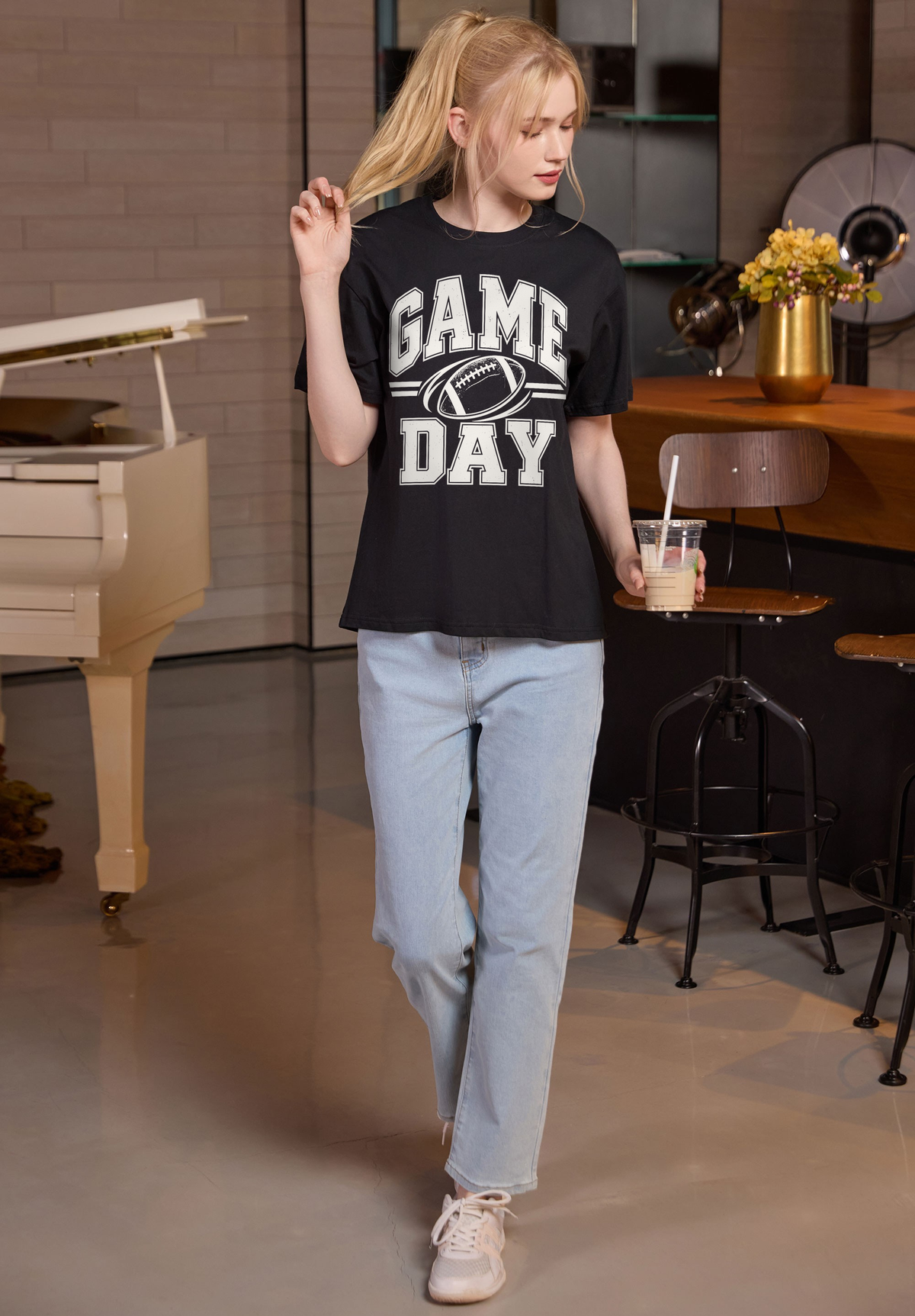 M001-G015 BLACK A1 — Game Day Simple graphic on M001 black garment