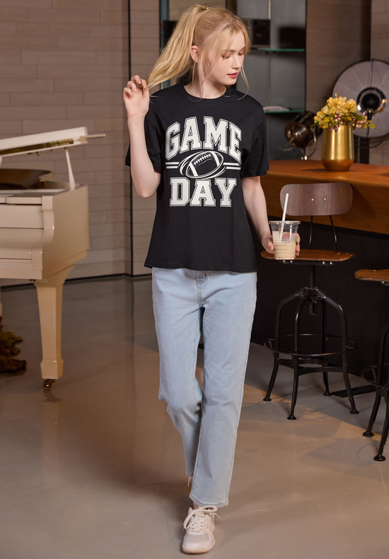 M001-G015 BLACK A1 — Game Day Simple graphic on M001 black garment