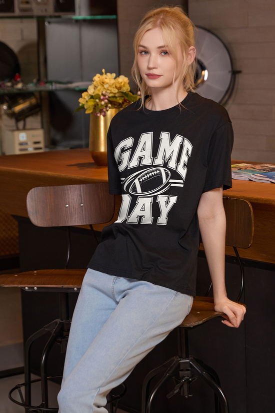M001-G015 BLACK F2 — Game Day Simple graphic on M001 black garment
