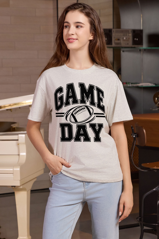 M001-G015 HEATHER-GREY F1 — Game Day Simple graphic on M001 heather grey garment